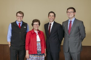 Chancellor Rebecca Blank with 2016 Rhodes Scholar Colin Higgins, Marshall Scholarship Finalist Bill Mulligan and NIH Ox-Cam Scholar Ryan Prestil.